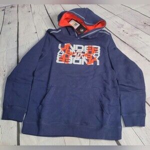 Under Armour Boy's Hoodie size YM Navy Orange White Logo Kangaroo Pocket NWT